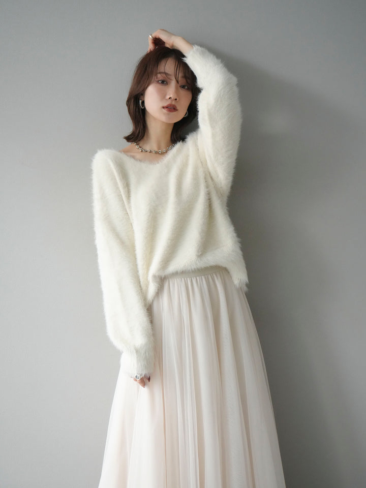 [予約]バックリボンVネックシャギーニットプルオーバー/ivory