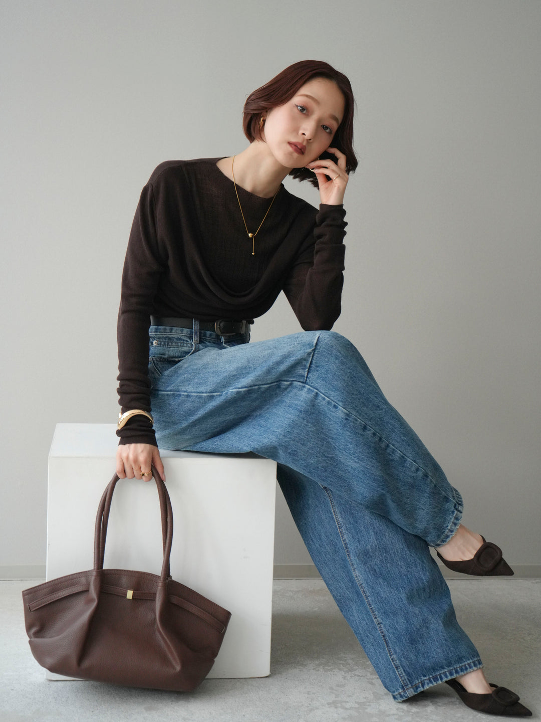 [予約]ボトルネックドレープレイヤードニットトップス/brown