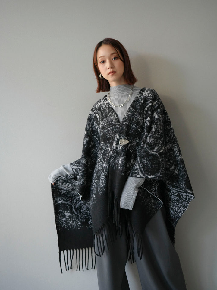 [予約]アブストラクト柄ストールポンチョ/ブラック