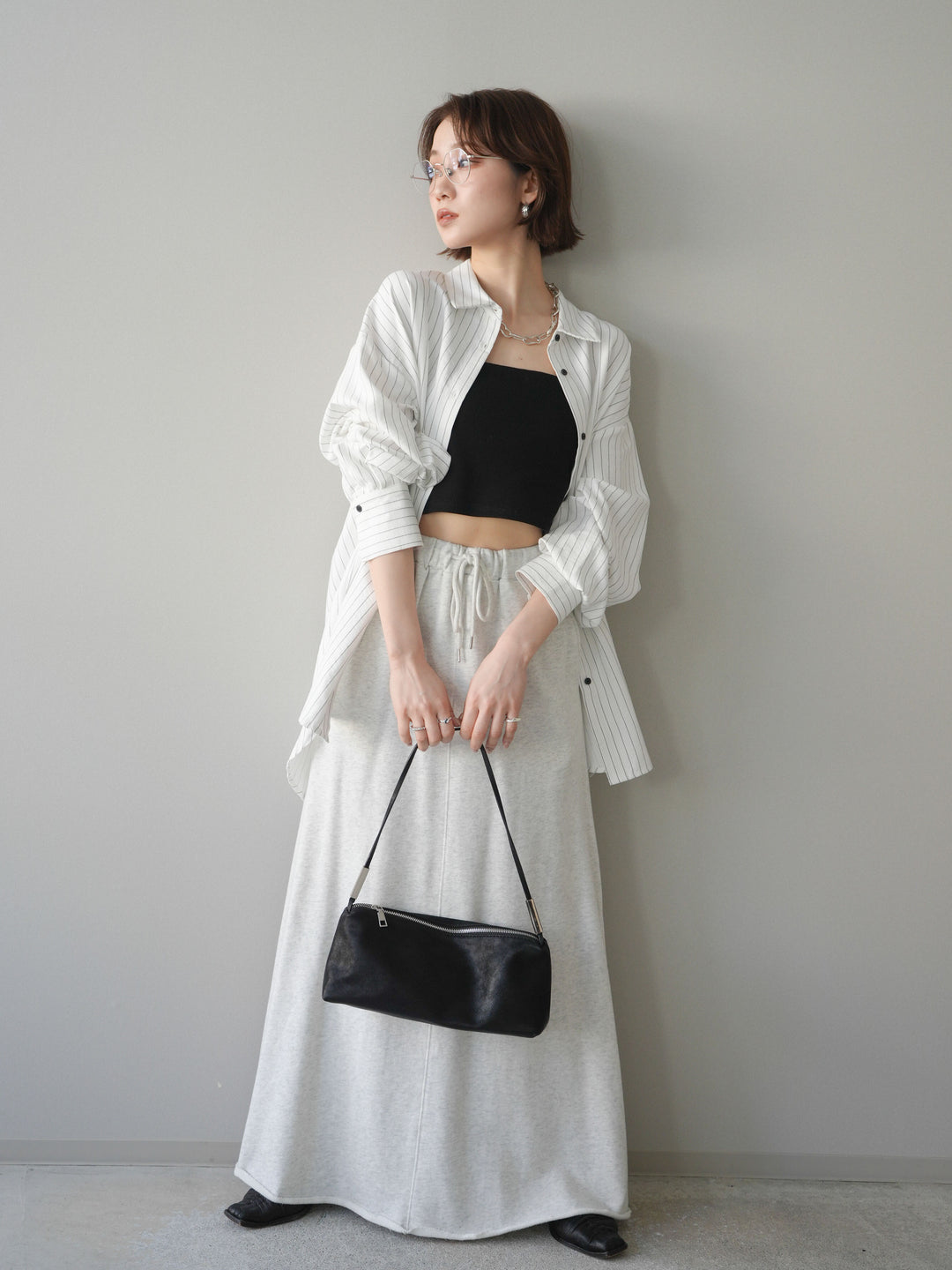 [SET]2WAYカシュクールストライプブラウス+スウェットフレアロングスカート(2set)