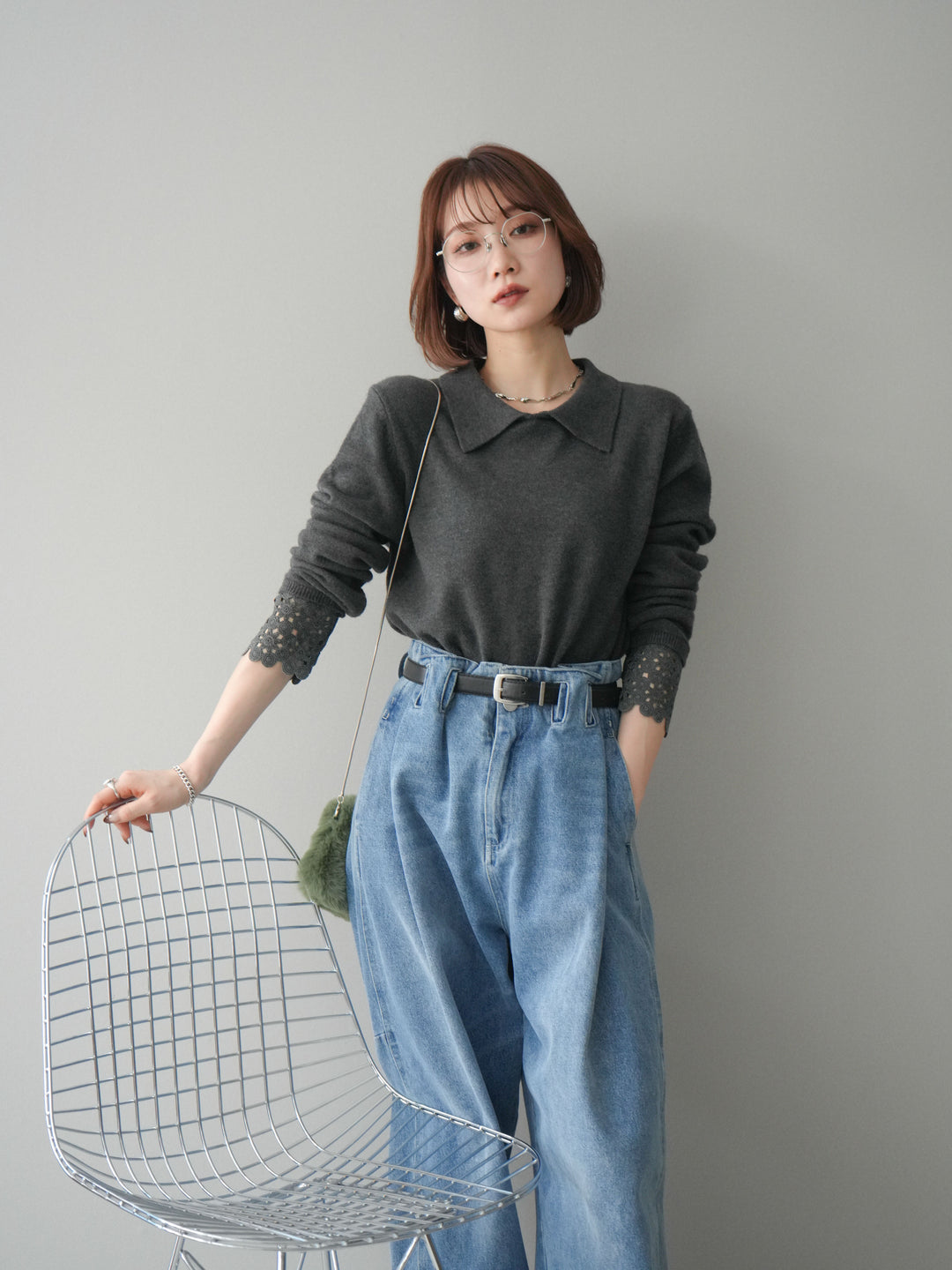 [SET]スカラップレース袖襟付きニットトップス+選べるアクセセット(2set)