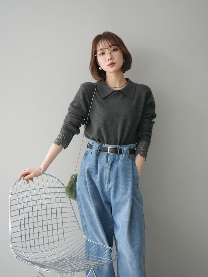 [SET]スカラップレース袖襟付きニットトップス+選べるアクセセット(2set)