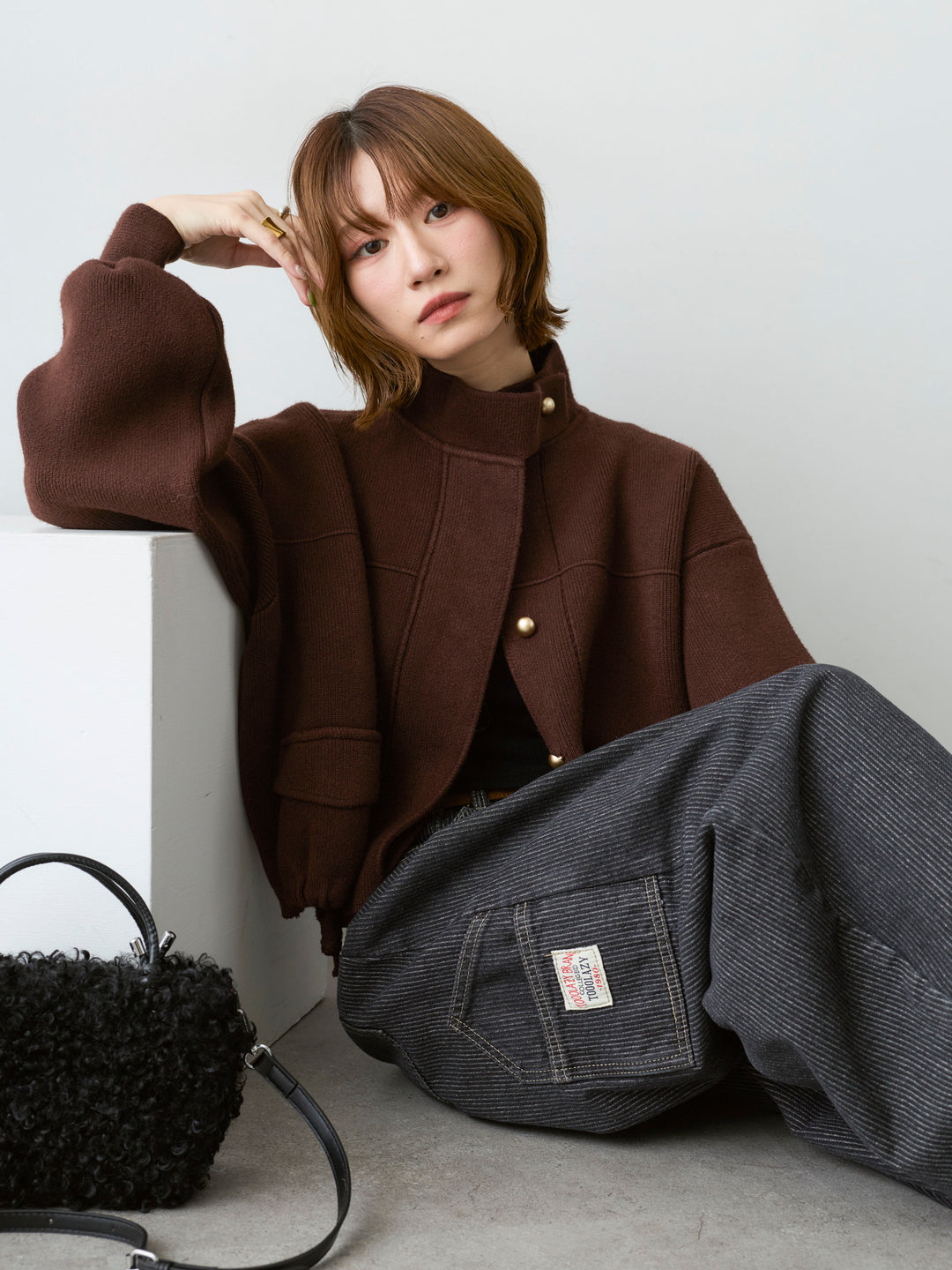 [予約]ゴールドボタンニットショートジャケット/brown