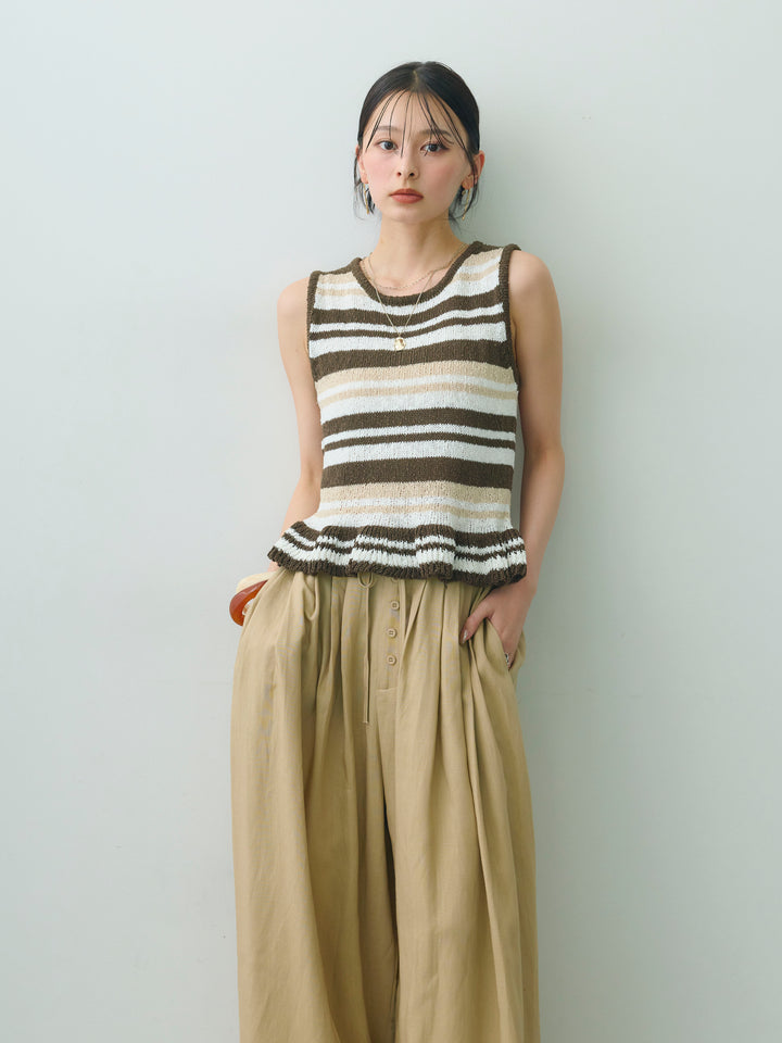 [予約]マルチボーダーフリルヘムノースリニットトップス/brown