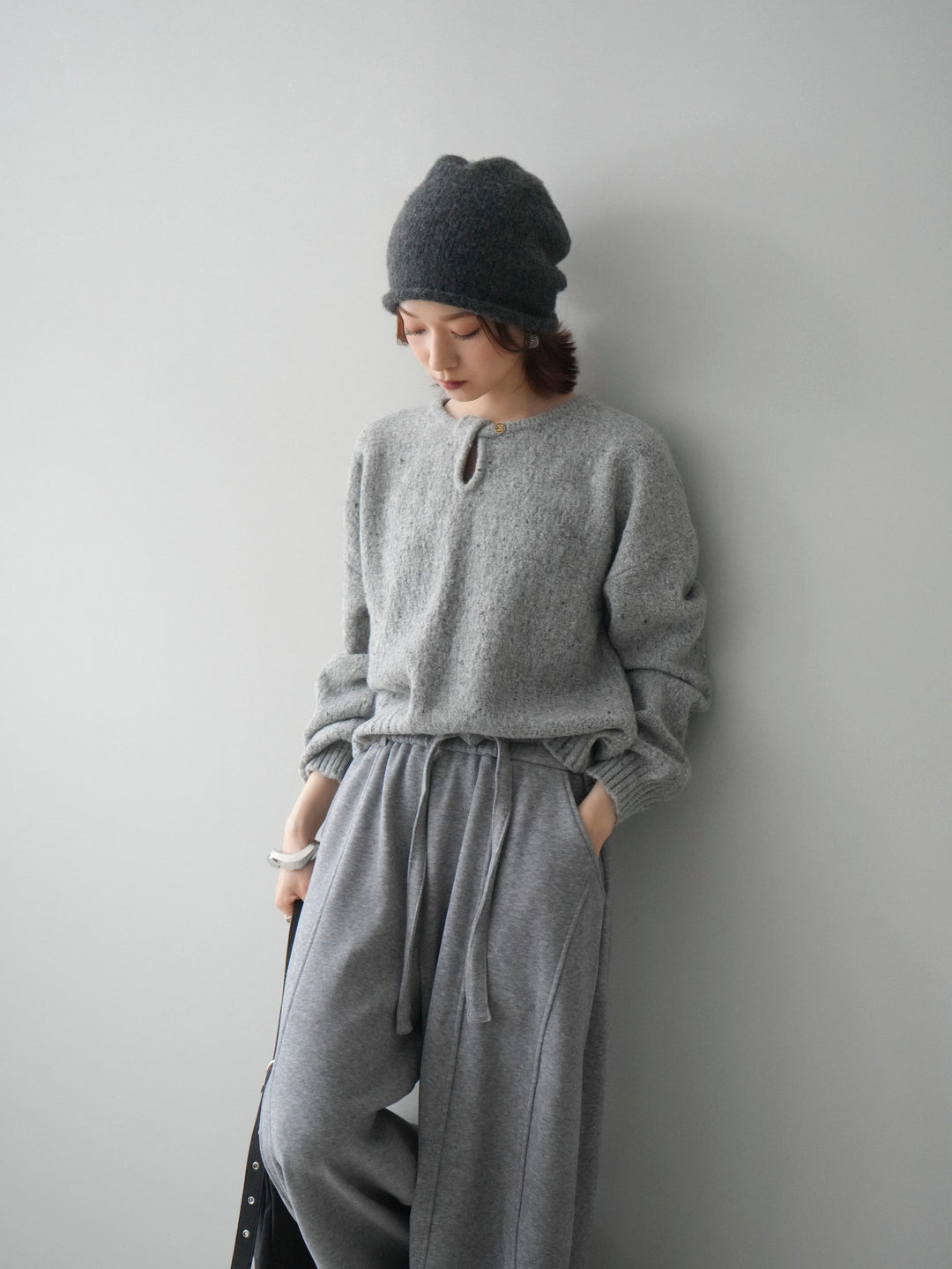 [予約]ツイストネックラメネップヤーンニットプルオーバー/gray