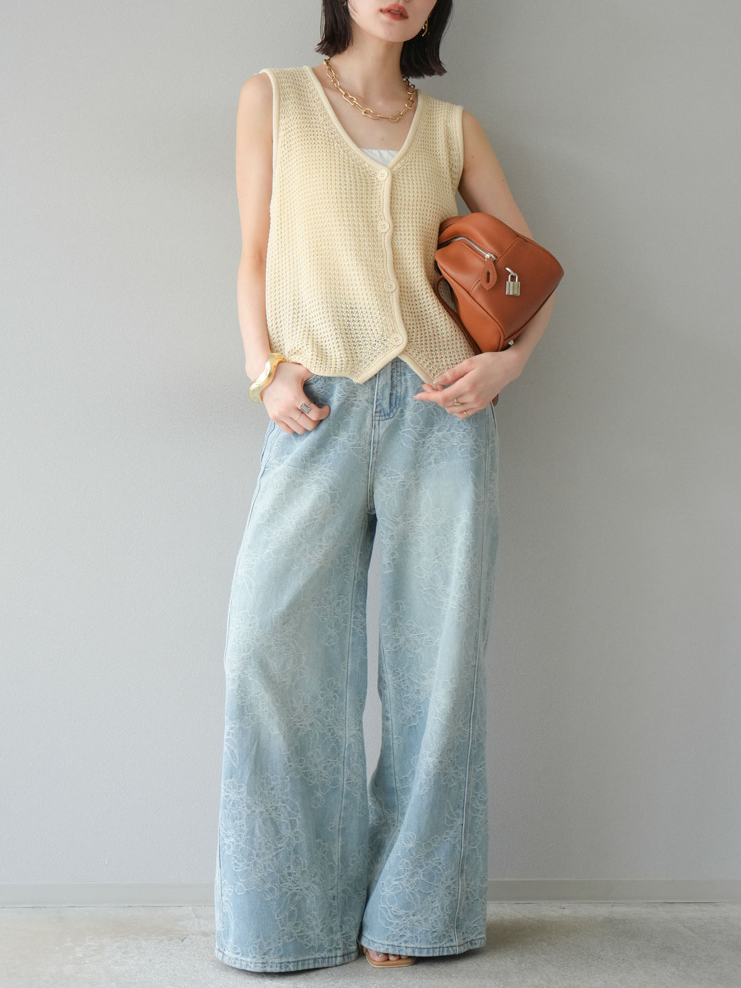 【預購】花提花牛仔寬褲/藍