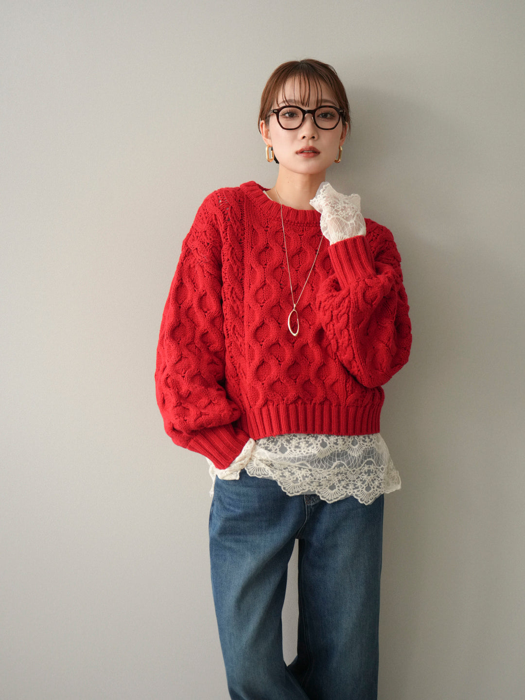 [予約]バルキーケーブルクロップドニットプルオーバー/red