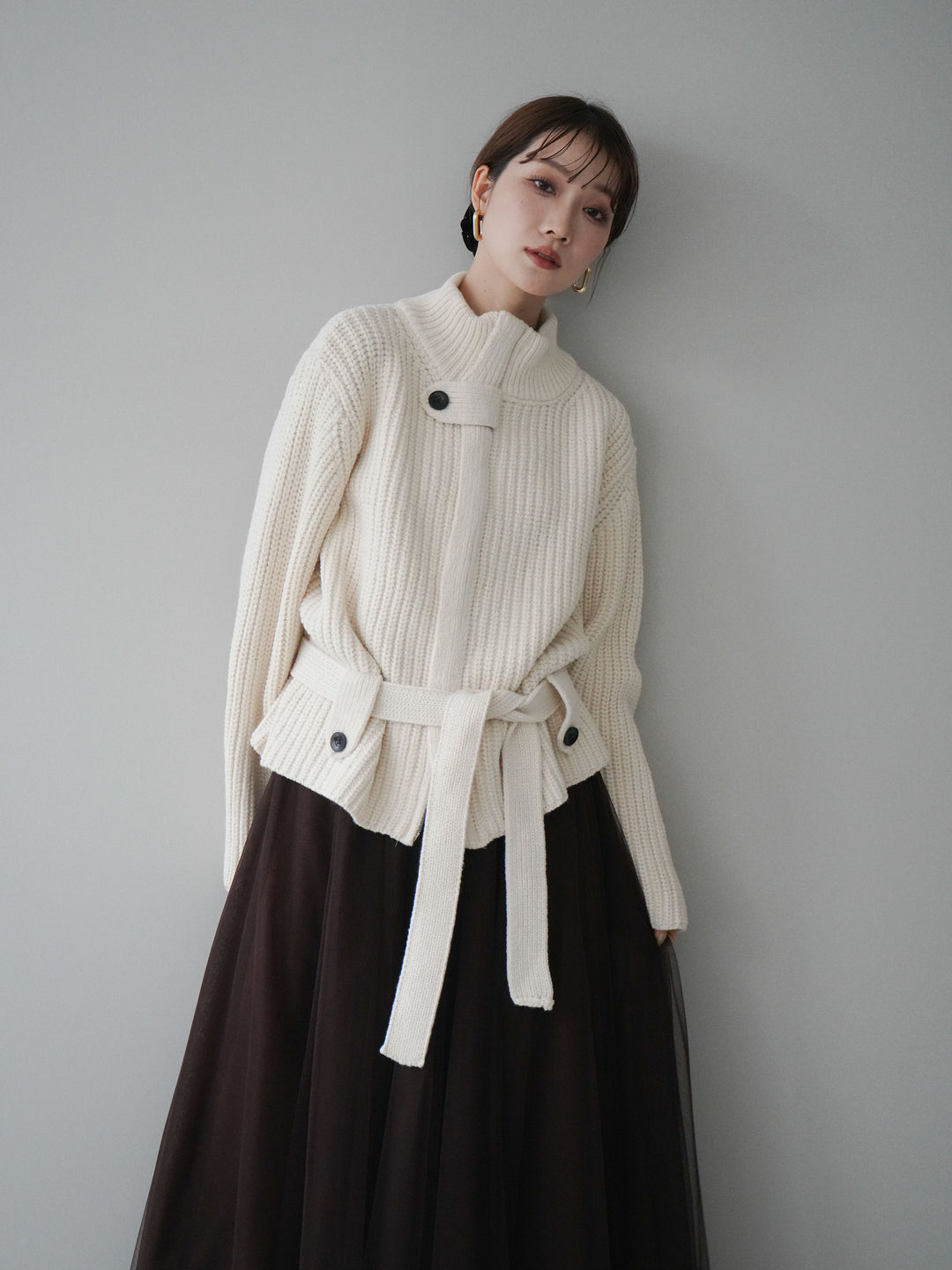 [SET]畦編みボトルネックZIPニットカーディガン+畦編みボトルネックZIPニットカーディガン(2set)