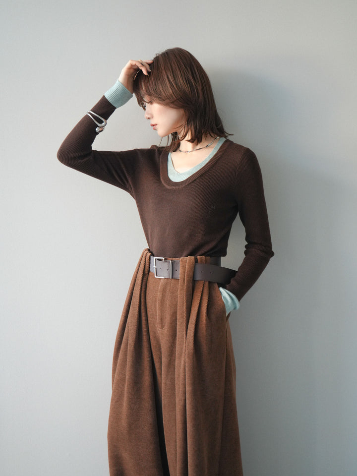 [予約]Uネック配色レイヤードリブニットトップス/brown