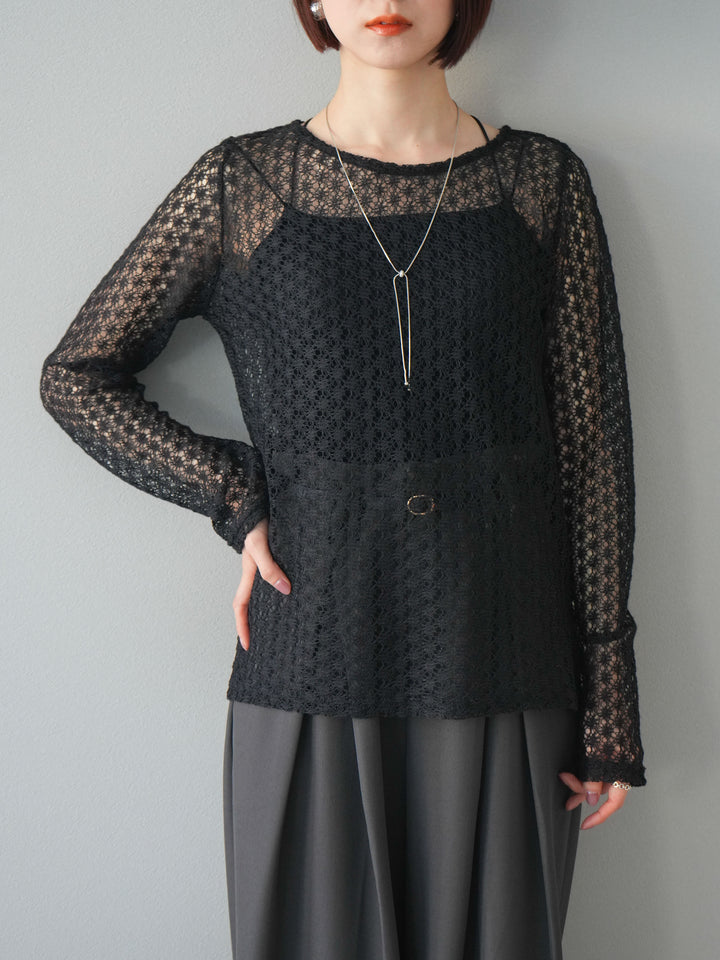 [予約]透かし編みトップス/ブラック