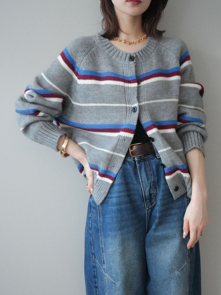 [SET]ランダムボーダーニットカーディガン+デザインステッチカーブデニムパンツ(2set)