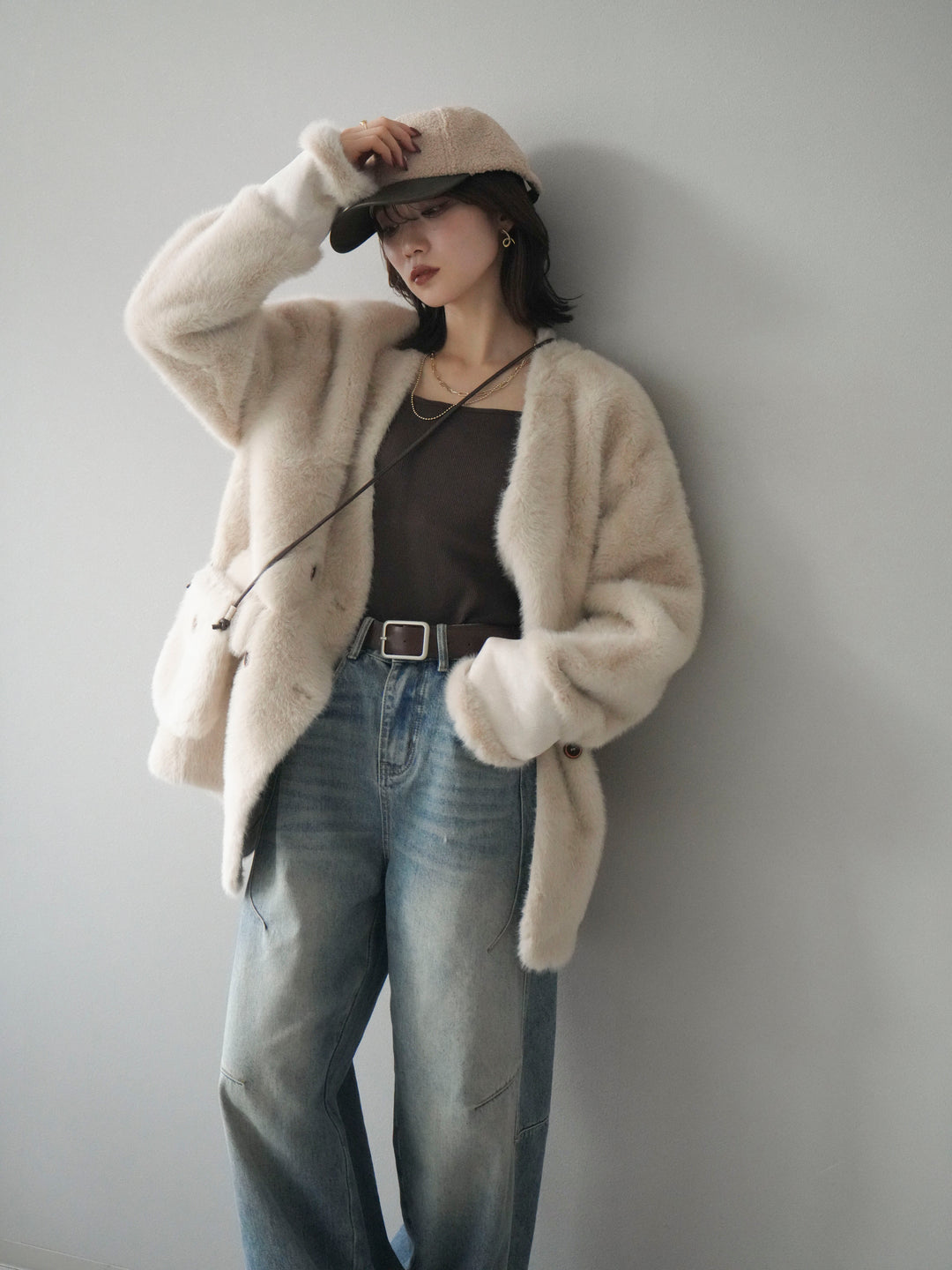 [SET]バッグ付エコファーノーカラーコート+選べるアクセセット(2set)