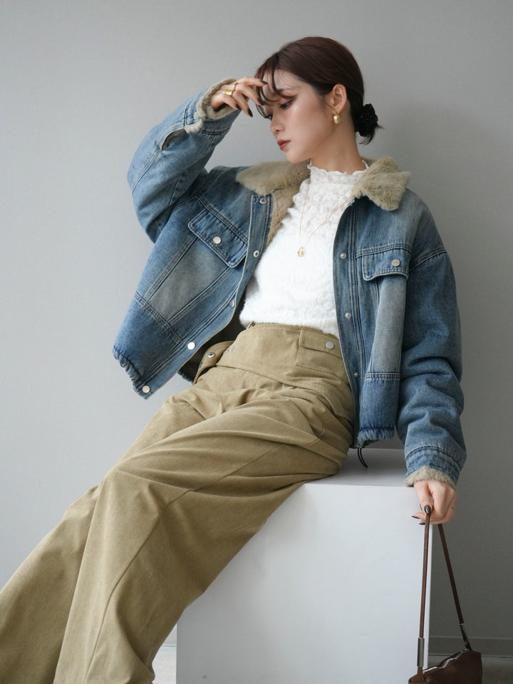 [予約]デニム×ファーステンカラーショートジャケット/lightblue