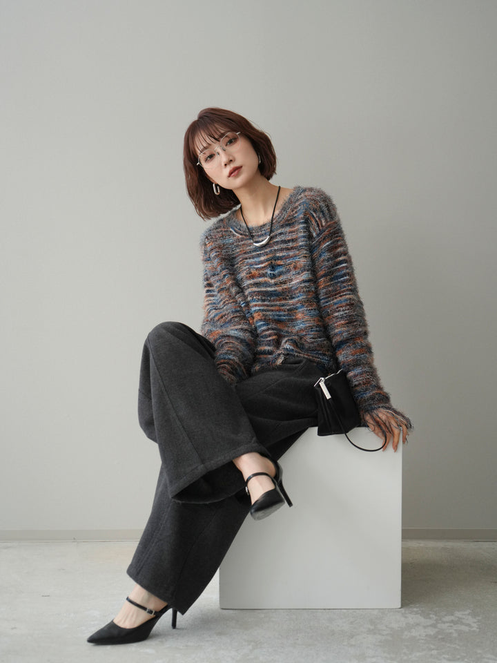 [SET]裾フリンジミックスヤーンシャギープルオーバー+ベルト付起毛コクーンパンツ(2set)