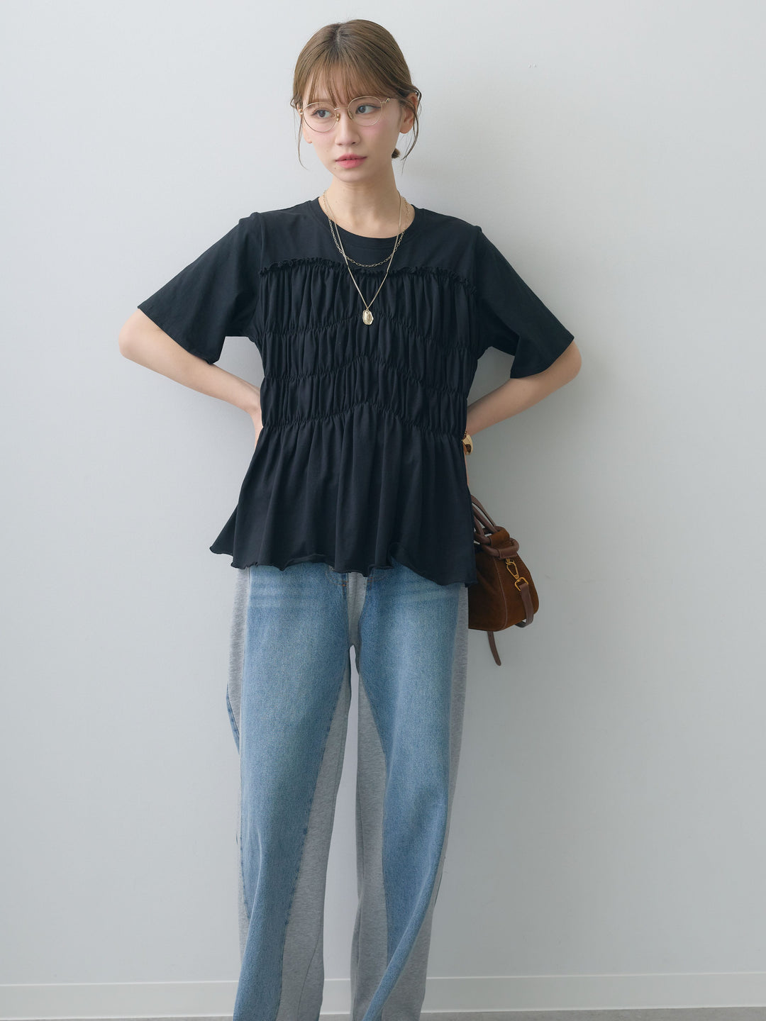 [SET]クールタッチシャーリングTEE+デニム切替スウェットパンツ(2set)