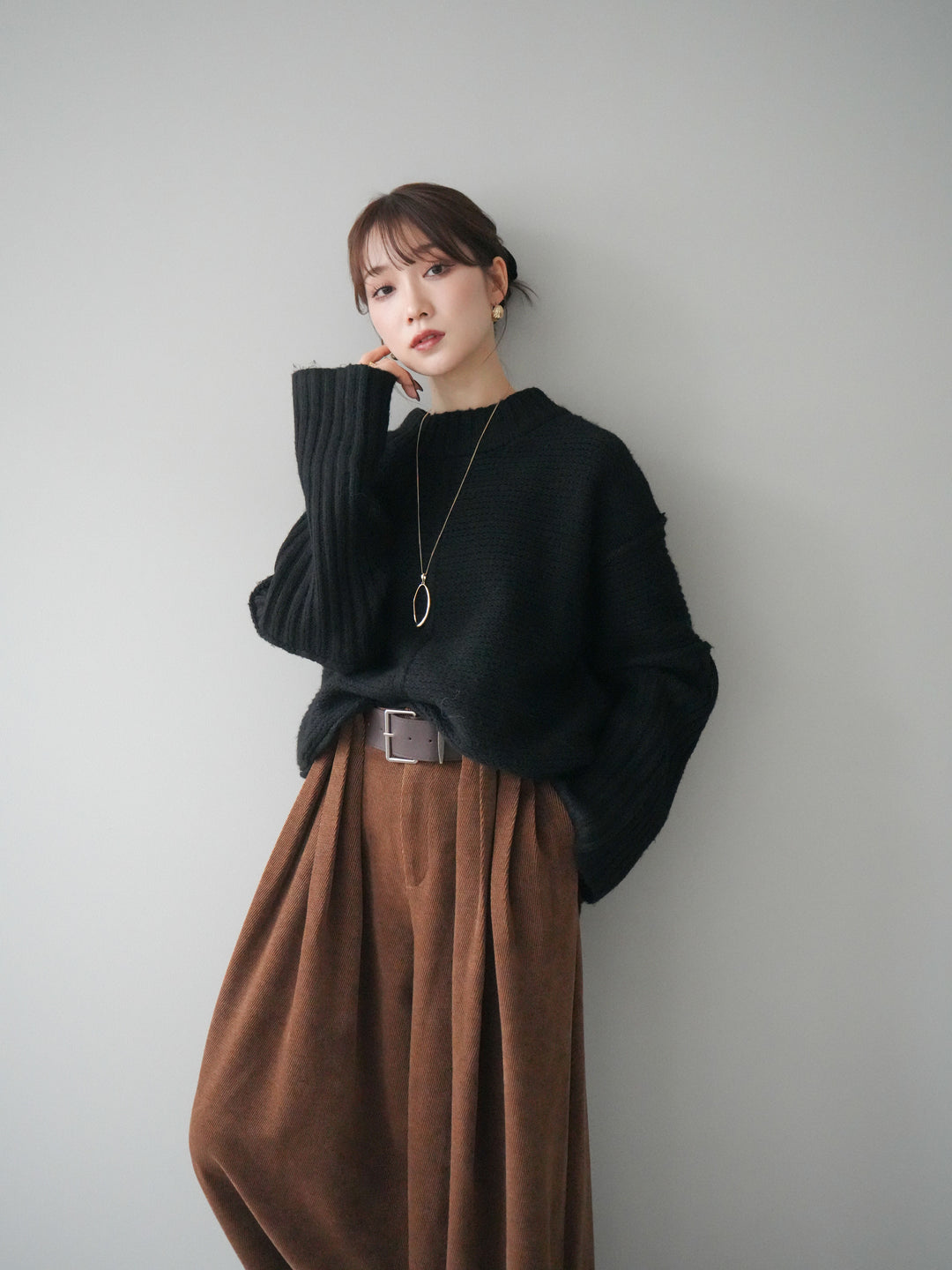 [予約]編み地切替ボトルネックニットプルオーバー/black