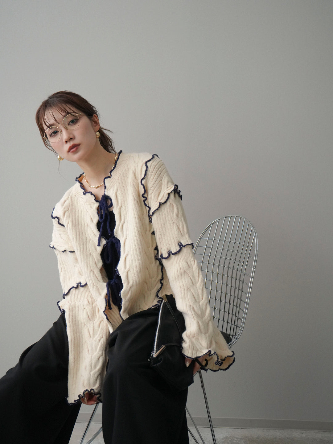 [予約]フロントリボン配色メローニットカーディガン/ivory