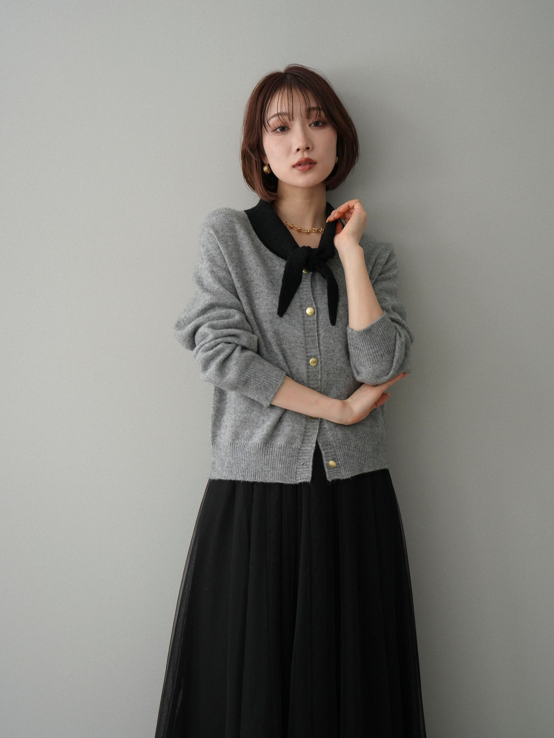 [予約]デザイン襟ニットカーディガン/gray