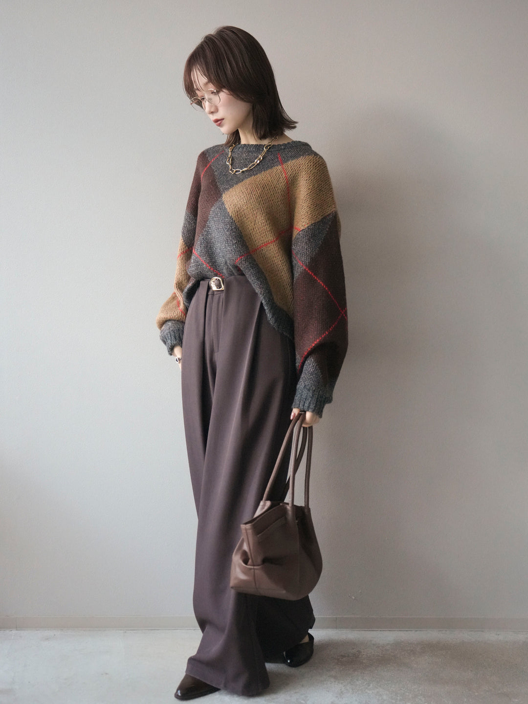 [SET]配色ステッチアーガイル柄ニットプルオーバー+ベルトループデザインワイドパンツ(2set)