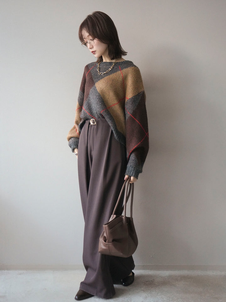 [SET]配色ステッチアーガイル柄ニットプルオーバー+ベルトループデザインワイドパンツ(2set)