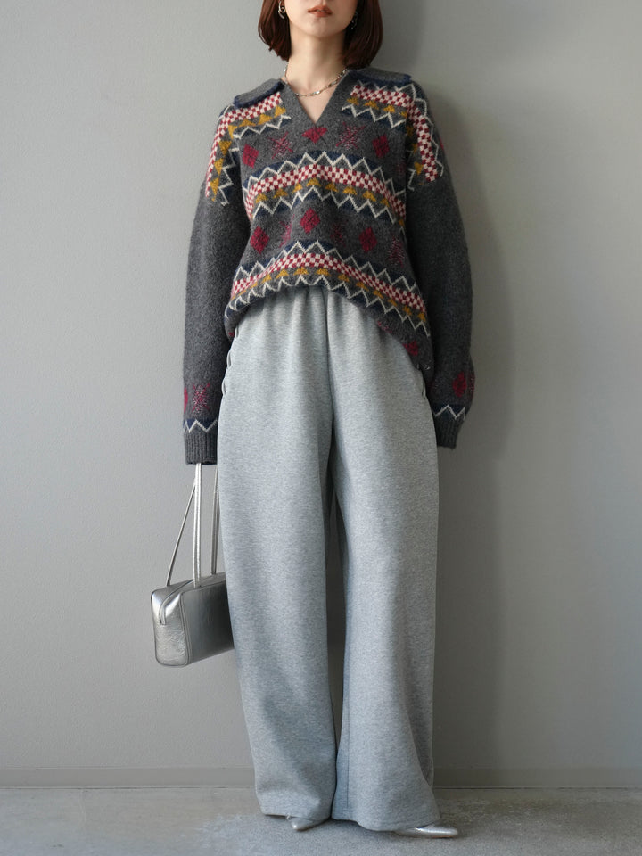 [予約]ノルディック柄ポロニットプルオーバー/チャコール