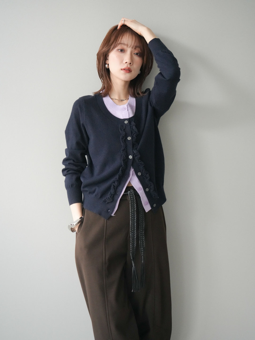 [予約]配色レイヤードフリルデザインニットカーディガン/black