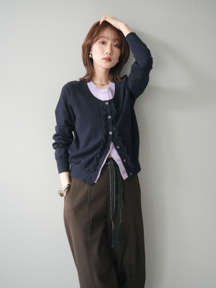 [予約]配色レイヤードフリルデザインニットカーディガン/black