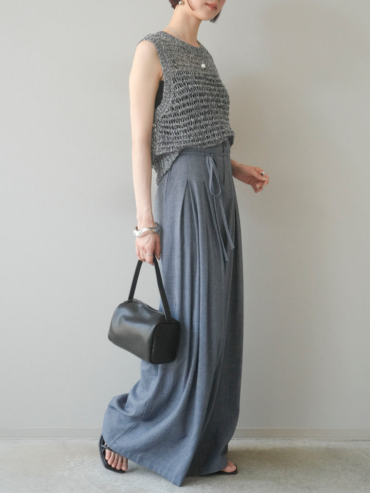 【預購】仿亞麻雙褶設計寬褲/藏青色