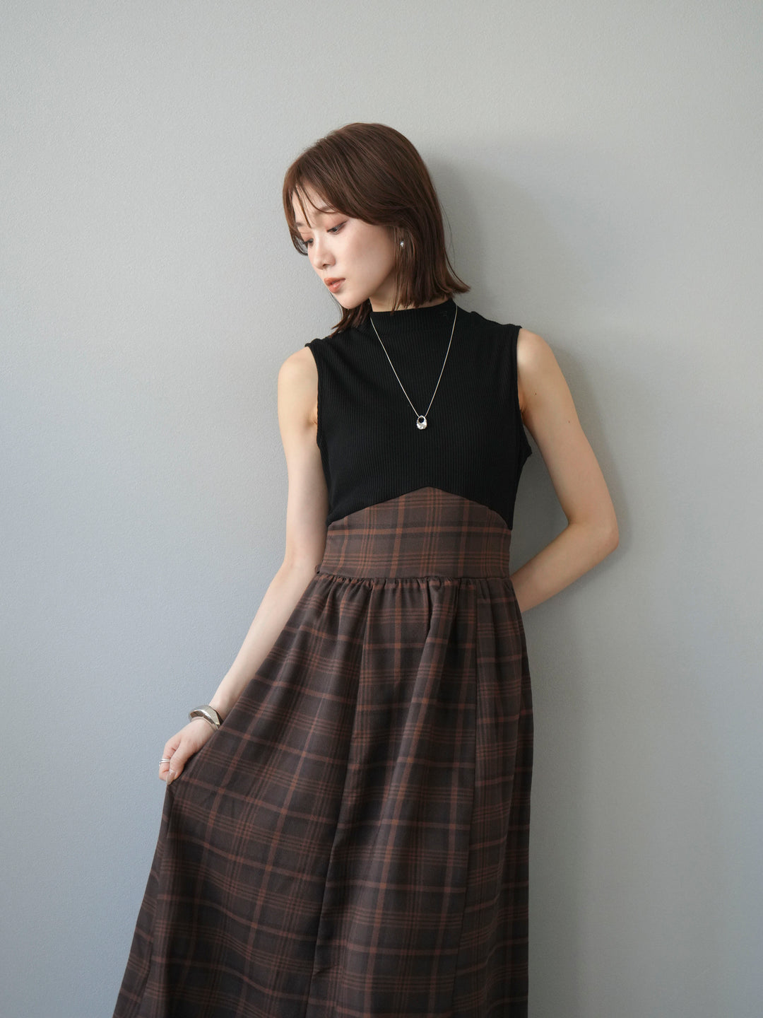 [SET]テレコ×チェックドッキングノースリワンピース+選べるアクセセット(2set)