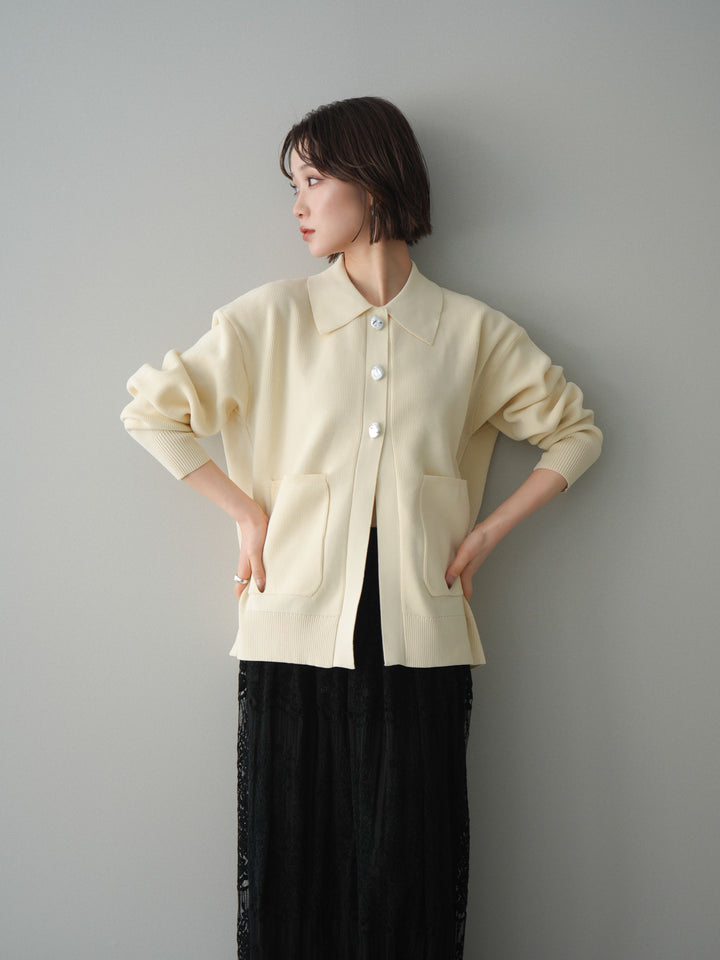 [予約]メタルボタン襟付きポリエステルニットカーディガン/ivory