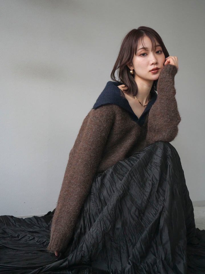 [予約]バイカラー襟付きニットプルオーバー/brown