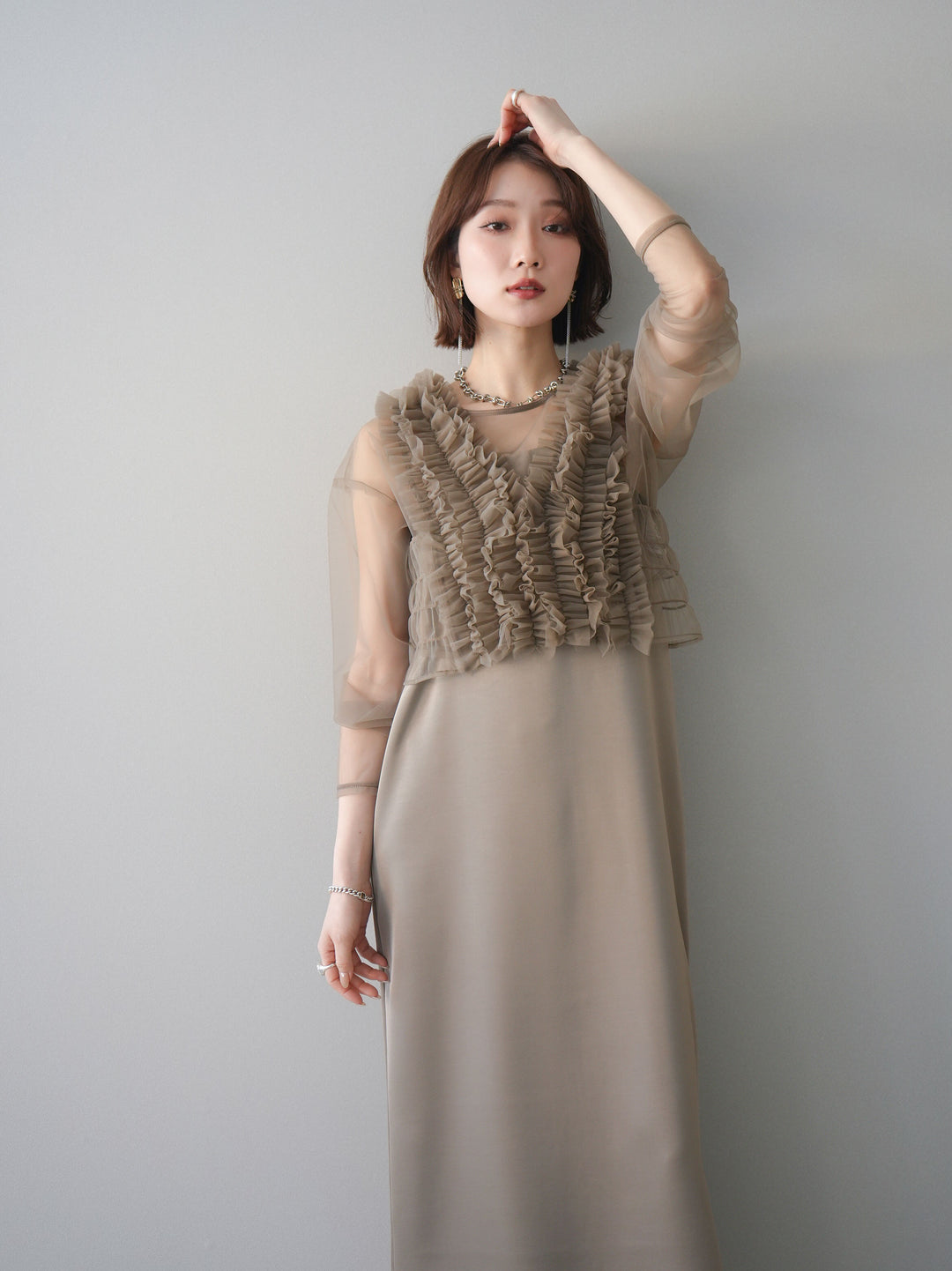 [予約]チュールフリルアンサンブルキャミソールドレス 3点SET/beige