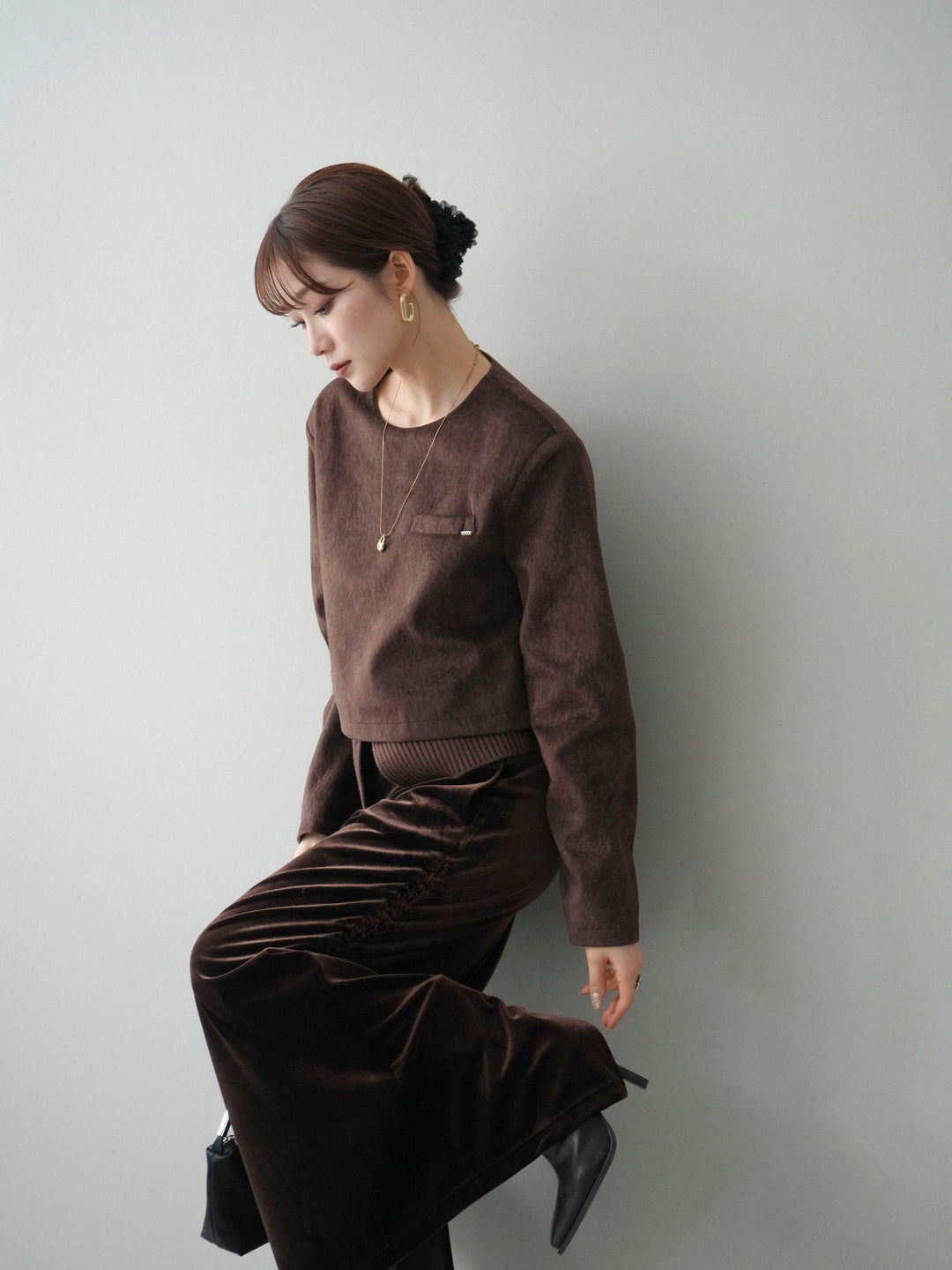 [予約]リブニットレイヤードスエードプルオーバー/brown