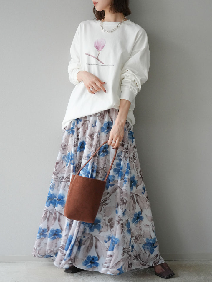 [予約]フラワープリントボリュームフレアスカート/ブルー