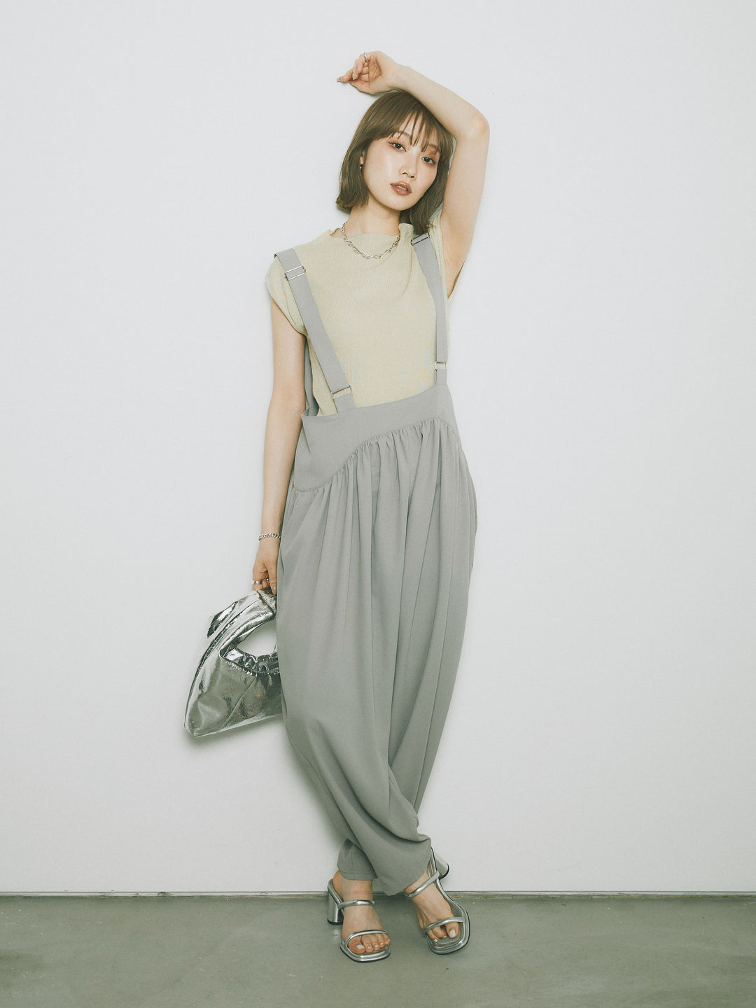 [予約]プチネックノースリーブリブニットトップス/ピスタチオ