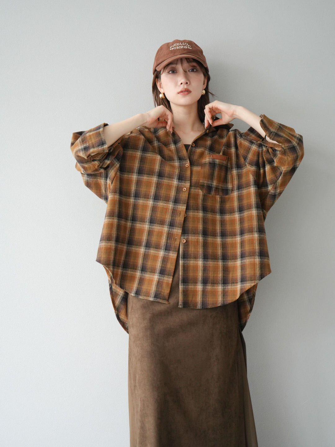 [予約]起毛チェックオーバーシャツ/キャメル