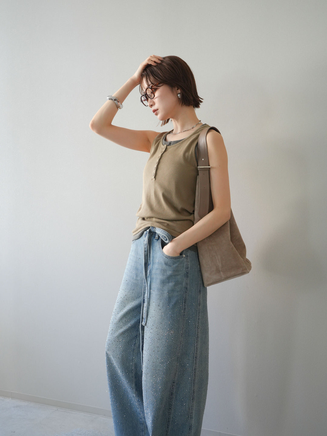 [SET]配色リブヘンリータンクトップ+ウエストベルトビジューワイドデニムパンツ(2set)