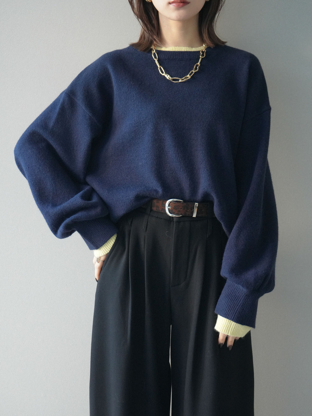 [予約]ヘンリーネック配色レイヤードニットプルオーバー/navy