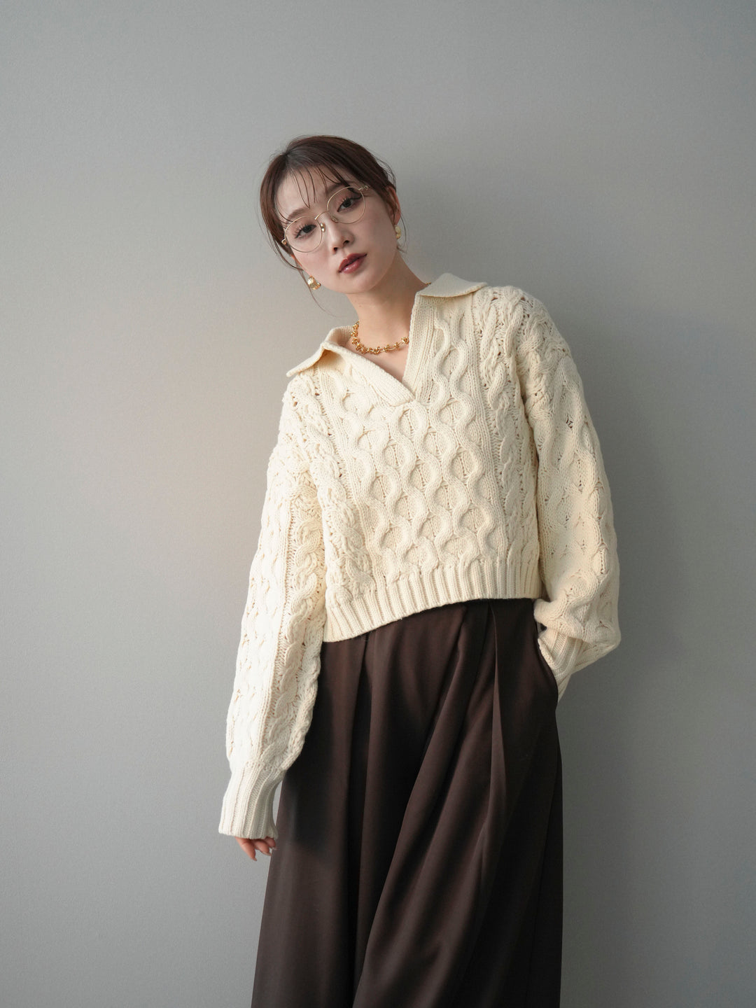 [予約]バルキーケーブルクロップド開襟プルオーバー/ivory