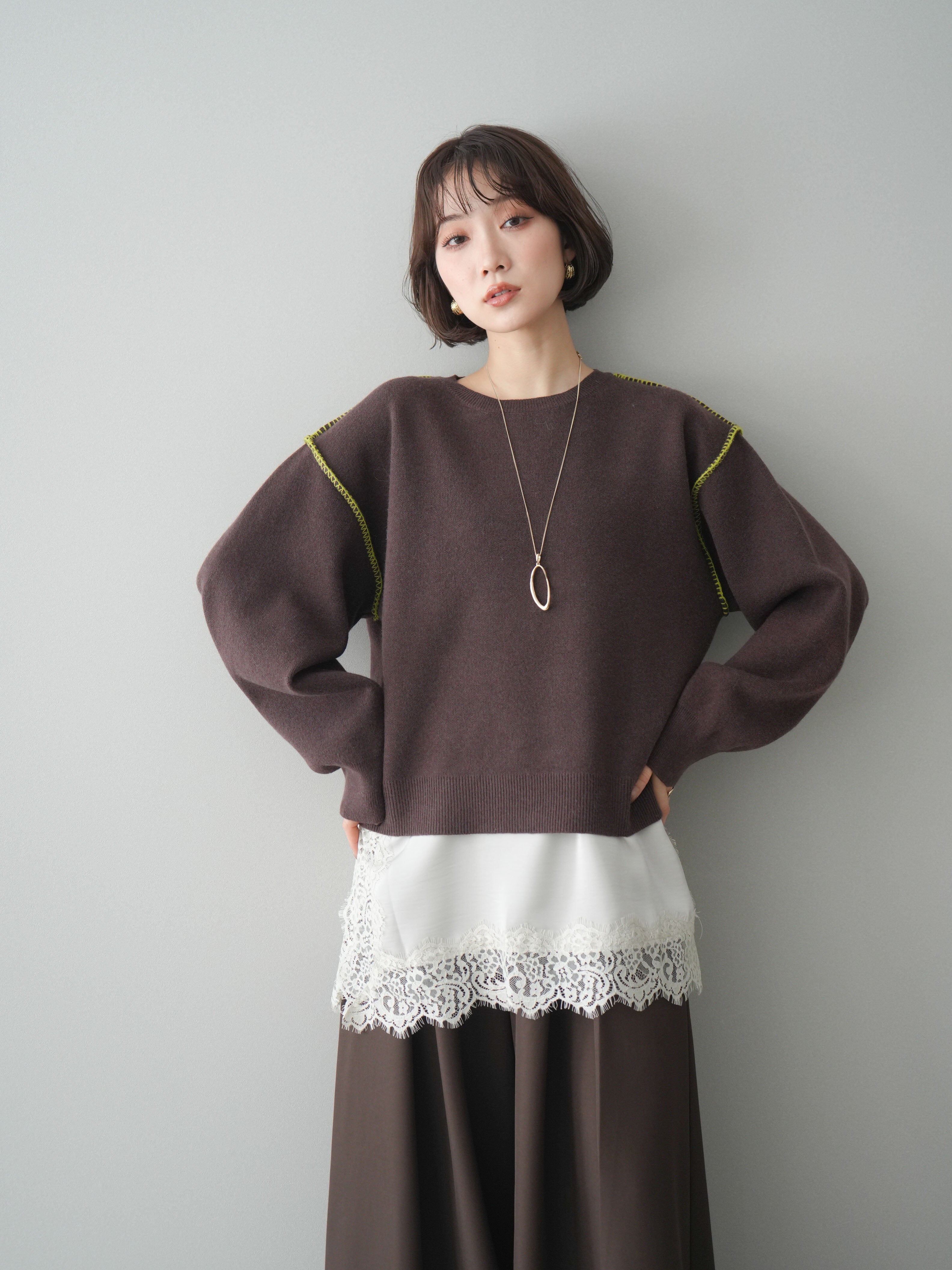 【秋冬】ブラウン刺繍ステッチ セーター【上質】 予約]バックロゴ刺繍配色ステッチニットプルオーバー/brown – Lumier