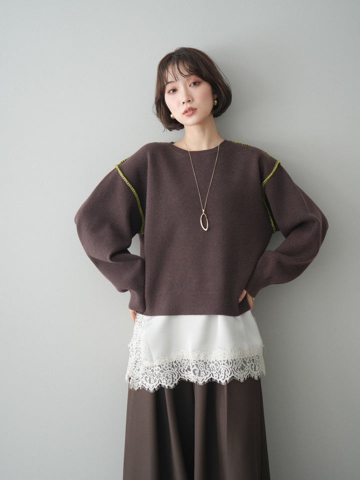 [予約]バックロゴ刺繍配色ステッチニットプルオーバー/brown