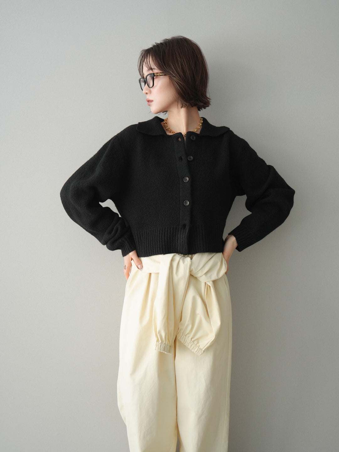 [予約]メランジニット襟付きクロップドカーディガン/black