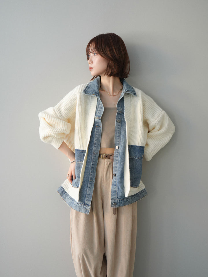 [SET]デニムドッキングオーバーニットジャケット+コーデュロイサイドタックコクーンパンツ(2set)