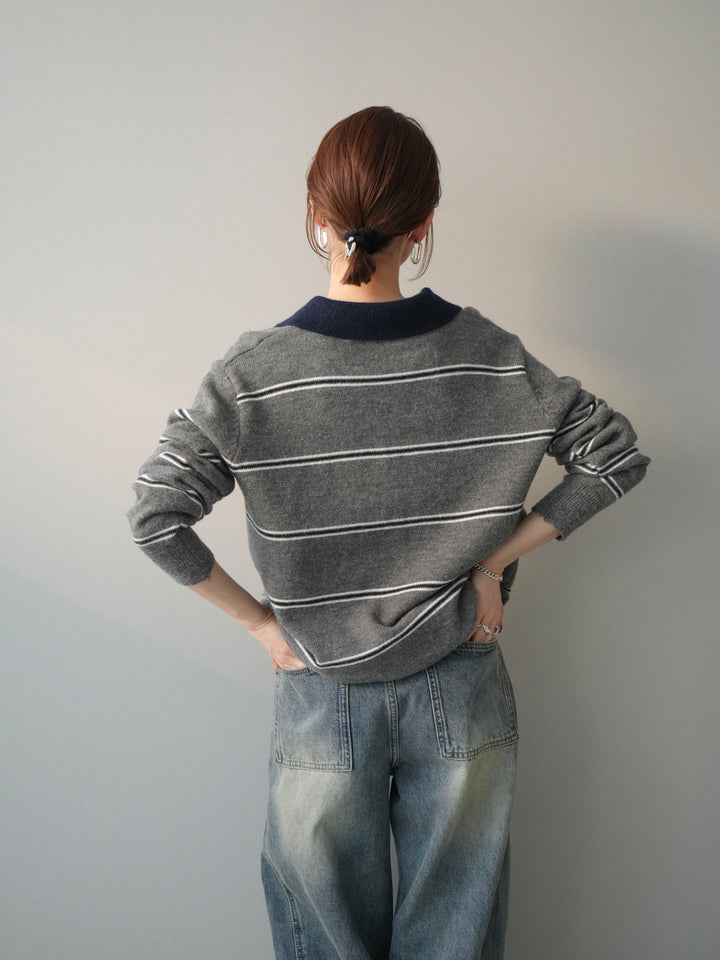[予約]バイカラーボーダーポロニットプルオーバー/gray
