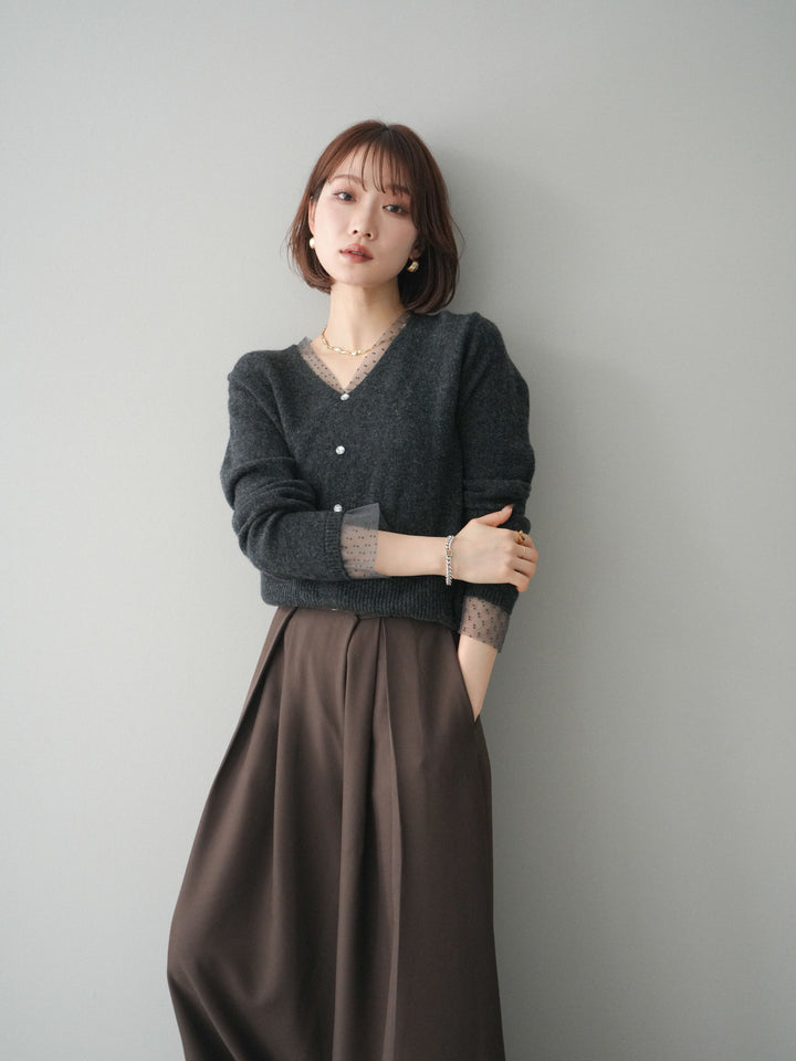 [SET]ドットチュールレイヤードボタンニットトップス+テープベルトタックバギーパンツ(2set)