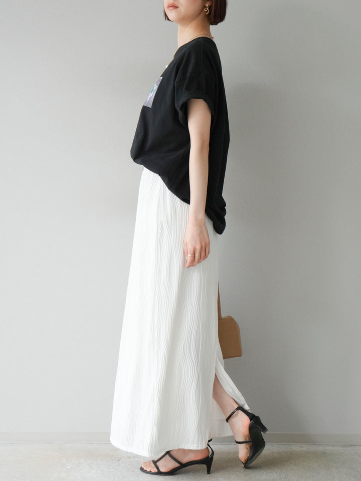 [SET]ネオンロゴコラージュフォトプリントオーバーTシャツ+ウェーブパイピングタイトスカート(2set)