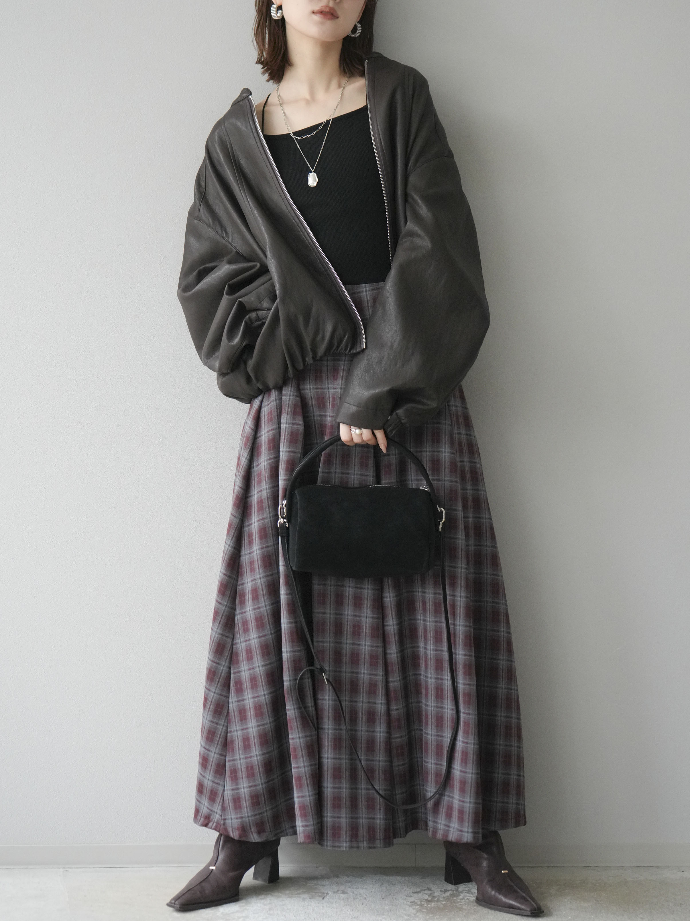 予約]チェックタックフレアロングスカート/ ボルドー – Lumier