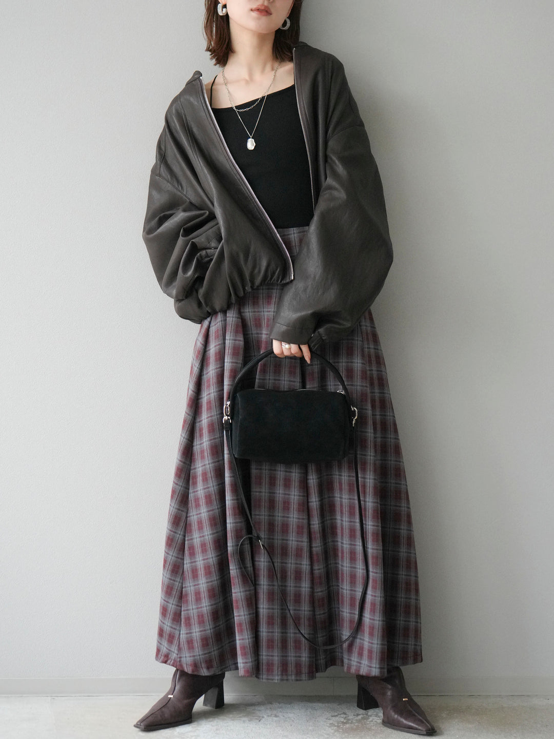 [予約]チェックタックフレアロングスカート/ ボルドー