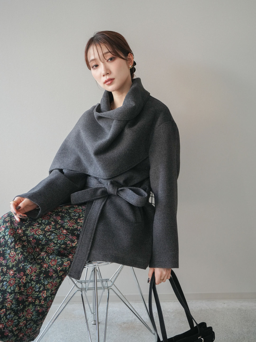 [予約]ストールデザインショートコート/charcoal