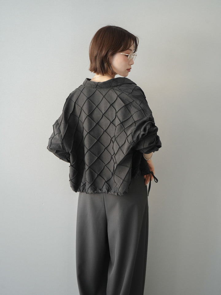 [SET]パイピングクロスデザインブラウス+編み込みベルト付タックワイドパンツ(2set)